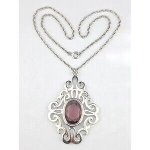 Vintage Sarah Coventry Purple Amethyst Glass Crystal Pendant 24" Chain Necklace